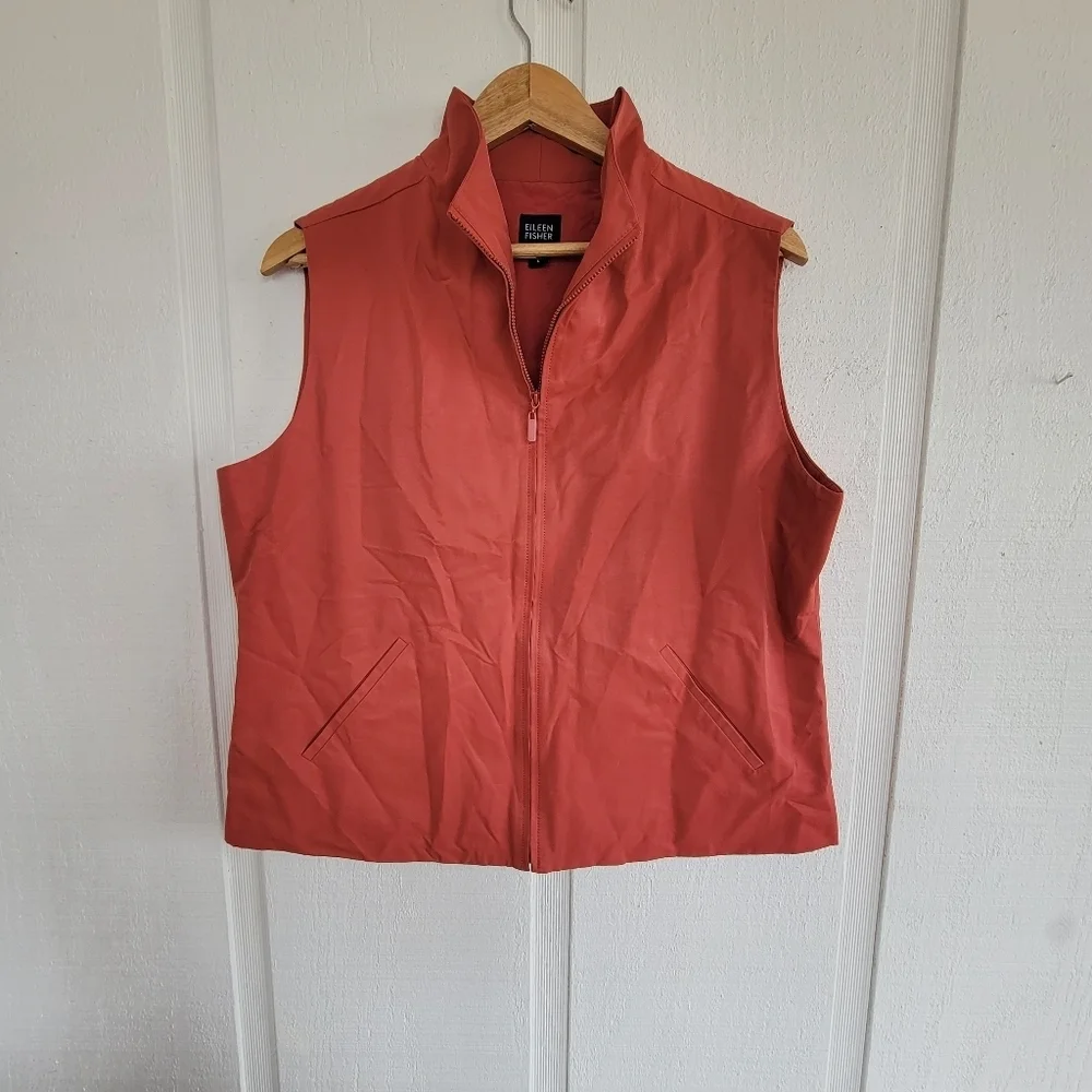 y2k Eileen Fisher Funnel Neck Zip Cotton Nylon Vest Lightweight sz L Rust R